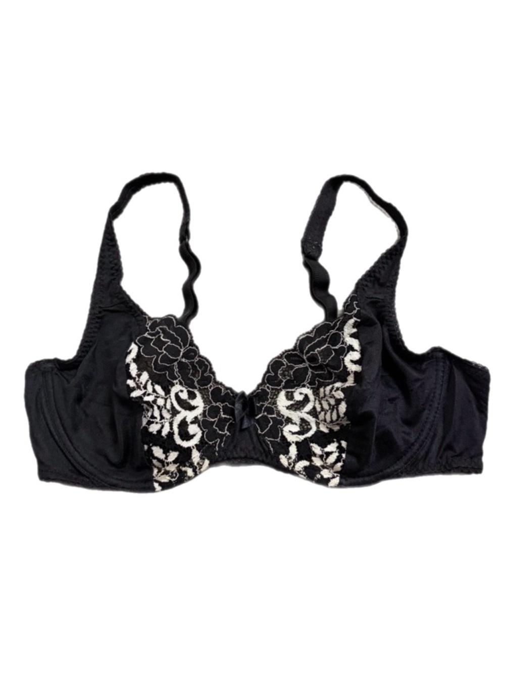 80s/90s French Vintage Floral Embroidered Lace Unlined Bra (Black/White)Size 34B